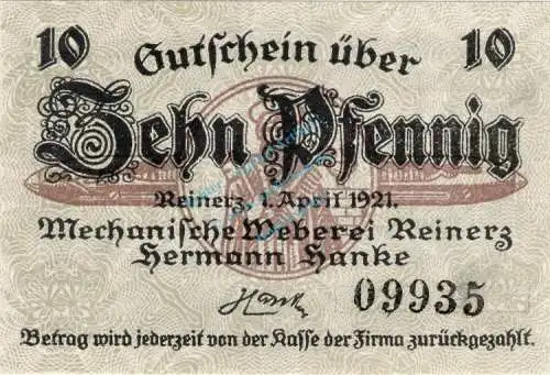 Reinerz , Notgeld 10 Pfennig Schein unc-kfr. Ti.6005.05.30 , Schlesien 1921 Verkehrsausgabe