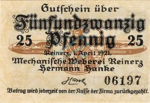 Reinerz , Notgeld 25 Pfennig Schein unc-kfr. Ti.6005.05.31 , Schlesien 1921 Verkehrsausgabe