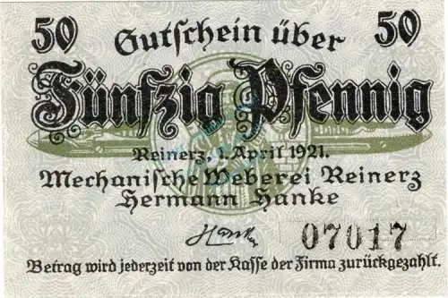 Reinerz , Notgeld 50 Pfennig Schein unc-kfr. Ti.6005.05.32 , Schlesien 1921 Verkehrsausgabe