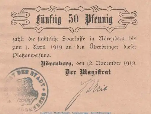 Notgeld Stadt Nörenberg , 50 Pfennig Schein in kfr. Tieste 5145.05.05 von 1918 , Pommern Verkehrsausgabe