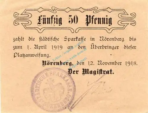 Nörenberg , Notgeld 50 Pfennig -RRLL- unc-kfr. Ti.5145.05.25 , Pommern 1918 Verkehrsausgabe