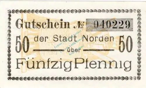 Norden , Notgeld 50 Pfennig Schein unc-kfr. Ti.5150.05.15 , Niedersachsen 1918 Verkehrsausgabe