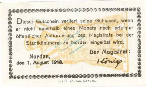 Norden , Notgeld 50 Pfennig Schein unc-kfr. Ti.5150.05.15 , Niedersachsen 1918 Verkehrsausgabe