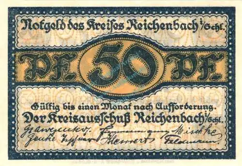 Reichenbach , Notgeld 50 Pfennig Schein unc-kfr. Ti.5980.10.11 , Schlesien o.D. Verkehrsausgabe