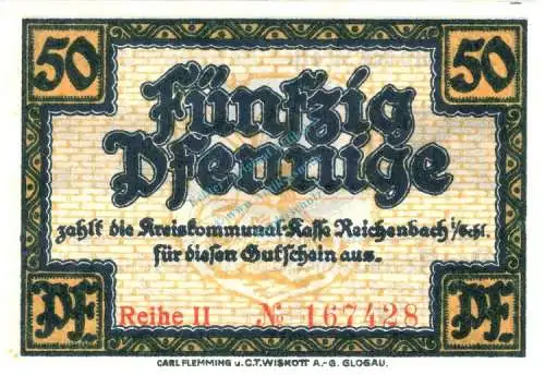 Reichenbach , Notgeld 50 Pfennig Schein unc-kfr. Ti.5980.10.11 , Schlesien o.D. Verkehrsausgabe