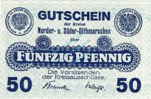 Norder Süderdithmarschen , Notgeld 50 Pfennig Schein unc-kfr. Ti.5160.05.11 , Schleswig Holstein o.D. Verkehrsausgabe