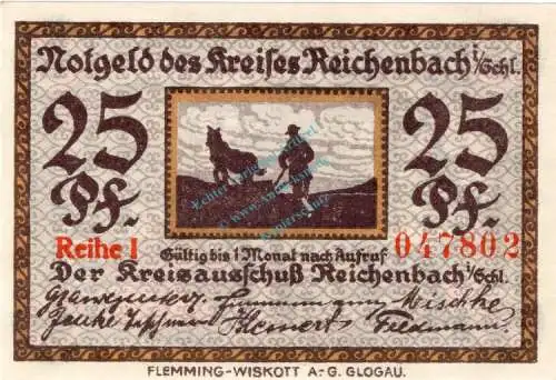 Reichenbach , Notgeld 25 Pfennig Schein unc-kfr. Ti.5980.10.10 , Schlesien o.D. Verkehrsausgabe