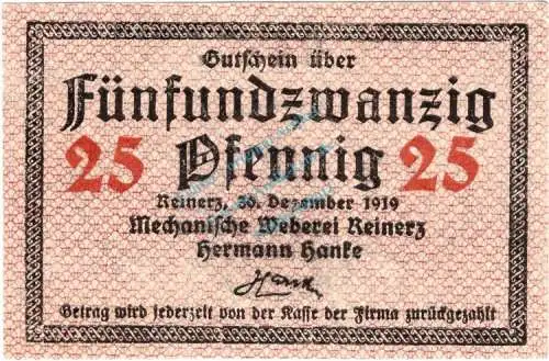 Reinerz , Notgeld 25 Pfennig Schein unc-kfr. Ti.6005.05.11 , Schlesien 1919 Verkehrsausgabe