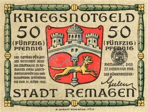 Remagen , Notgeld 50 Pfennig Schein unc-kfr. Ti.6015.10.02 , Rheinland 1918 Verkehrsausgabe