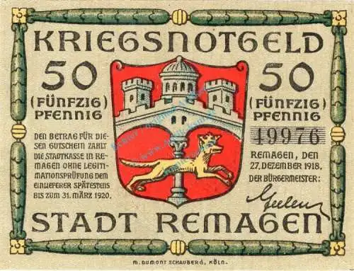 Remagen , Notgeld 50 Pfennig Schein unc-kfr. Ti.6015.10.02 , Rheinland 1918 Verkehrsausgabe