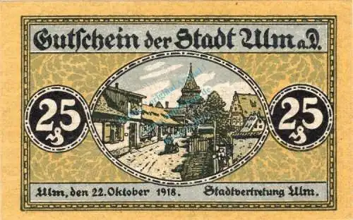 Ulm , Notgeld 25 Pfennig Schein unc-kfr. Ti.7520.10.01 , Württemberg 1918 Verkehrsausgabe