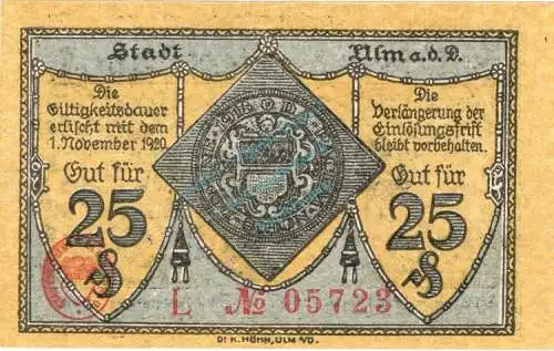 Ulm , Notgeld 25 Pfennig Schein unc-kfr. Ti.7520.10.01 , Württemberg 1918 Verkehrsausgabe