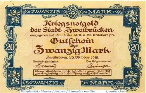 Zweibrücken , 20 Mark Schein in unc-kfr. Geiger 582.02... Pfalz 1918 Großnotgeld