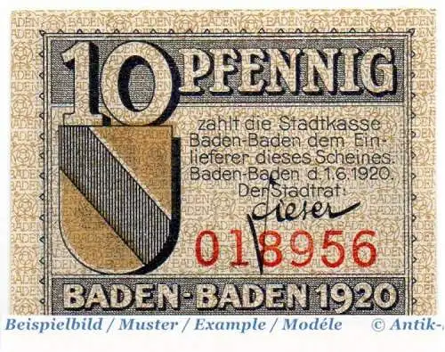 Notgeld Baden Baden , 10 Pfennig Schein in kfr. Tieste 0285.05.05 , von 1920 , Baden Verkehrsausgabe