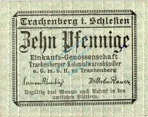 Trachenberg , Notgeld 10 Pfennig Schein unc-kfr. Ti.7390.05.26 , Schlesien o.D. Verkehrsausgabe