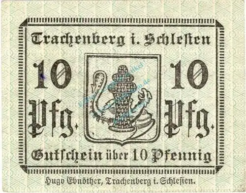 Trachenberg , Notgeld 10 Pfennig Schein unc-kfr. Ti.7390.05.26 , Schlesien o.D. Verkehrsausgabe