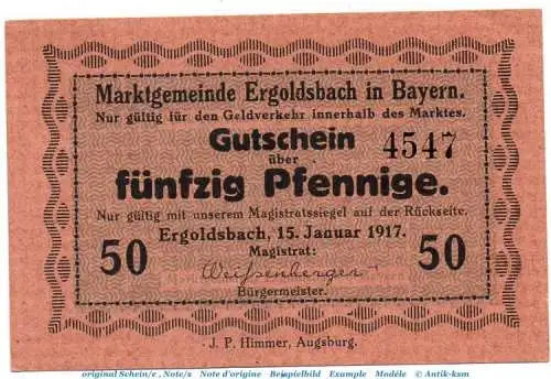 Notgeld Marktgemeinde Ergoldsbach 1760.05.11 , 50 Pfennig Schein in kfr. von 1917 , Bayern Verkehrsausgabe