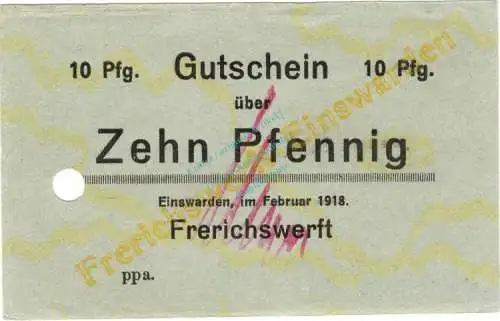 Einswarden , Notgeld 10 Pfennig Schein unc-kfr. Ti.1620.05.45 , Niedersachsen 1918 Verkehrsausgabe