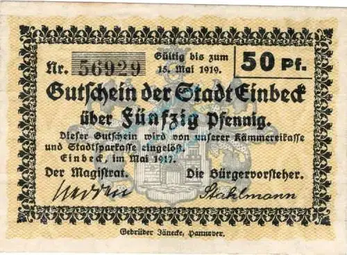 Einbeck , Notgeld 50 Pfennig Schein unc-kfr. Ti.1615.05.02 , Niedersachsen 1917 Verkehrsausgabe