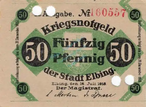 Elbing , Notgeld 50 Pfennig Schein unc-kfr. Ti.1650.05.15 , Westpreussen 1918 Verkehrsausgabe