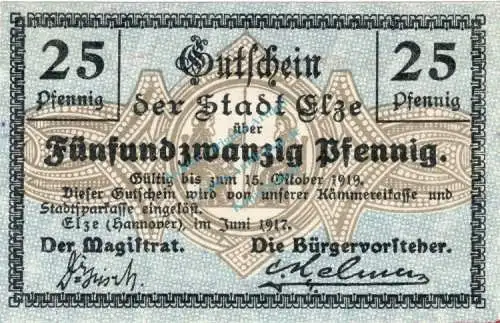 Elze , Notgeld 25 Pfennig Schein unc-kfr. Ti.1690.05.02 , Niedersachsen 1917 Verkehrsausgabe