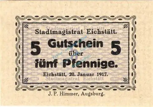 Eichstätt , Notgeld 5 Pfennig Schein unc-kfr. Ti.1605.05.05 , Bayern 1917 Verkehrsausgabe