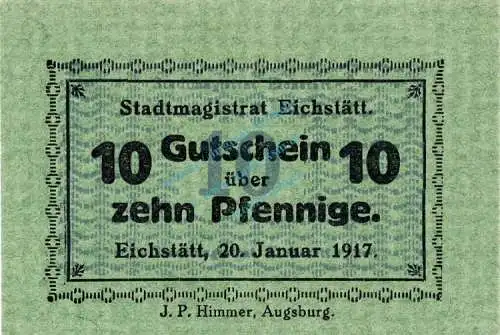 Eichstätt , Notgeld 10 Pfennig Schein unc-kfr. Ti.1605.05.06 , Bayern 1917 Verkehrsausgabe