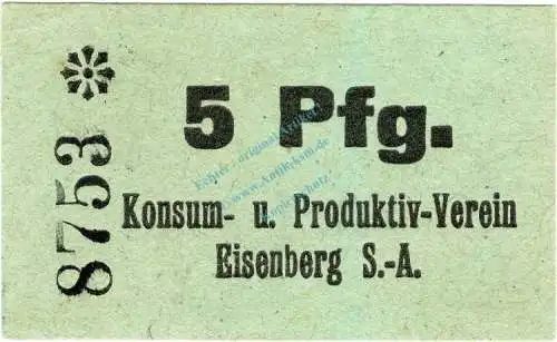 Eisenberg , Notgeld 5 Pfennig Schein unc-kfr. Ti.1635.05.03 , Thüringen o.D. Verkehrsausgabe