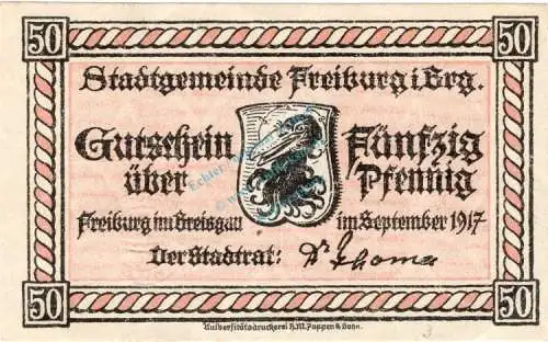 Freiburg i.B. Notgeld 50 Pfennig Schein unc-kfr. Ti.1955.05.01 , Baden 1917 Verkehrsausgabe