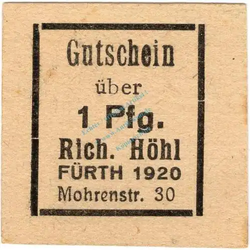 Fürth , Notgeld 1 Pfennig Schein unc-kfr. Ti.2080.065.01 , Bayern o.D. Verkehrsausgabe