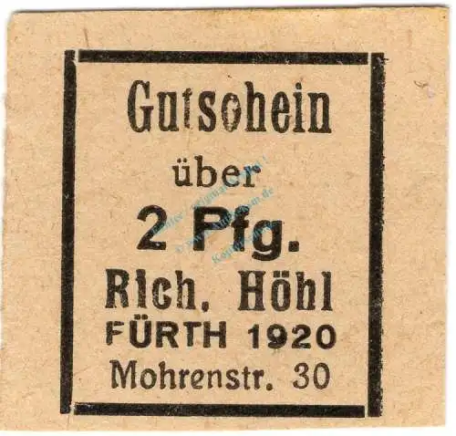 Fürth , Notgeld 2 Pfennig Schein unc-kfr. Ti.2080.065.02 , Bayern o.D. Verkehrsausgabe