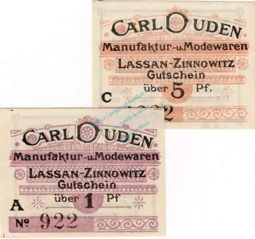 Lassan , Notgeld Set mit 2 Scheinen unc-kfr. Ti.3890.05.05-06 , Pommern 1920 Verkehrsausgabe