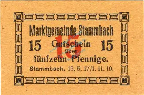 Stammbach , Notgeld 15 Pfennig Schein unc-kfr. Ti.7070.05.72 , Bayern 1917 Verkehrsausgabe