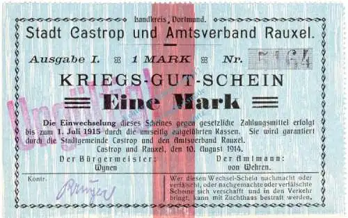 Castrop , Notgeld 1 Mark Schein in kfr. Diessner 59.2.c , Westfalen 1914 Notgeld 1914-15