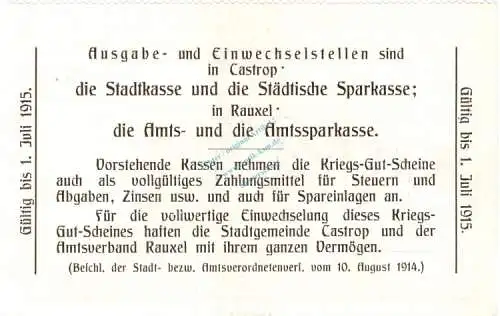 Castrop , Notgeld 1 Mark Schein in kfr. Diessner 59.2.c , Westfalen 1914 Notgeld 1914-15