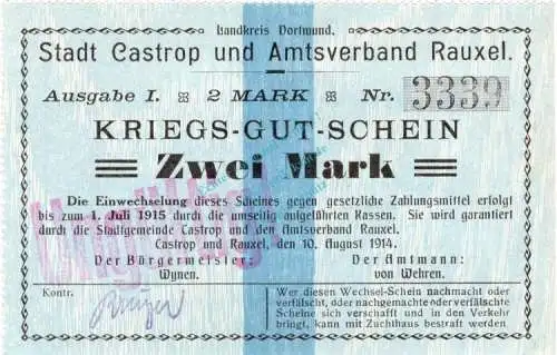 Castrop , Notgeld 2 Mark Schein in kfr. Diessner 59.3.b , Westfalen 1914 Notgeld 1914-15