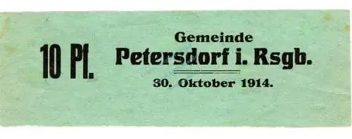 Petersdorf , Notgeld 10 Pfennig Schein f-kfr. Diessner 286.c , Schlesien 1914 Notgeld 1914-15