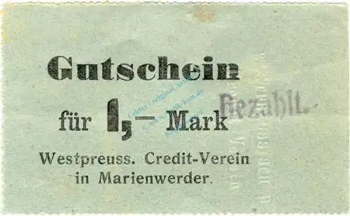 Marienwerder , Notgeld 1 Mark Schein in gbr. Diessner 219.2.b , Westpreussen o.D. Notgeld 1914-15