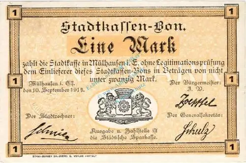 Mühlhausen , Notgeld 1 Mark Schein in unc-kfr. Diessner 247.5 , Elsass 1914 Notgeld 1914-15