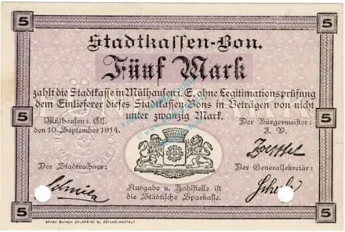 Mühlhausen , Notgeld 5 Mark Schein in unc-kfr.E Diessner 247.8 , Elsass 1914 Notgeld 1914-15