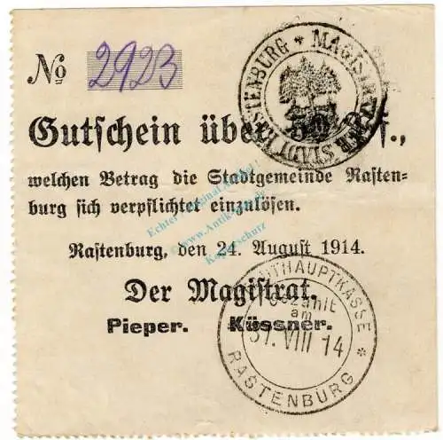 Rastenburg , Notgeld 50 Pfennig Schein in L-Gbr.E Diessner 310.1.e , Ostpreussen 1914 Notgeld 1914-15