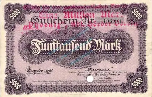 Hörde , Banknote 1 Million Schein gbr.E Müller 2135.W1 , Westfalen 1922 Grossnotgeld