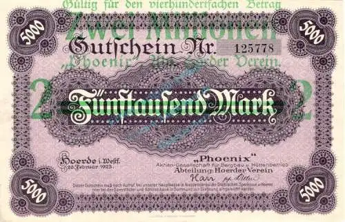 Hörde , Banknote 2 Millionen Schein unc-kfr. Müller 2135.W3 , Westfalen 1922 Inflation