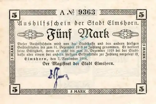 Elmshorn , Banknote 5 Mark Schein unc-kfr. Geiger 127.01.a , Schleswig Holsetein 1918 Großnotgeld