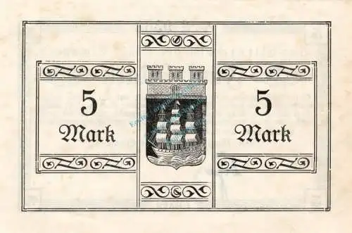 Elmshorn , Banknote 5 Mark Schein unc-kfr. Geiger 127.01.a , Schleswig Holsetein 1918 Großnotgeld