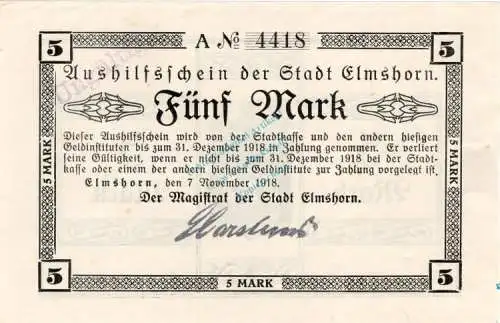 Elmshorn , Banknote 5 Mark Schein unc-kfr.E Geiger 127.01.a , Schleswig Holstein 1918 Großnotgeld