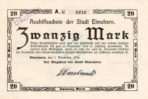 Elmshorn , Banknote 20 Mark Schein unc-kfr.E Geiger 127.02.a , Schleswig Holstein 1918 Großnotgeld