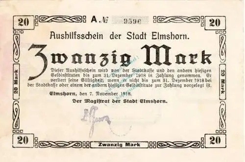 Elmshorn , Banknote 20 Mark Schein unc-kfr. Geiger 127.02.a , Schleswig Holstein 1918 Großnotgeld