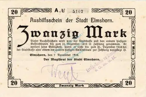 Elmshorn , Banknote 20 Mark Schein unc-kfr. Geiger 128.02.c , Schleswig Holstein 1918 Großnotgeld