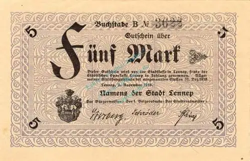 Lennep , Banknote 5 Mark Schein unc-kfr. Geiger 315.05.b , Rheinland 1918 Grossnotgeld